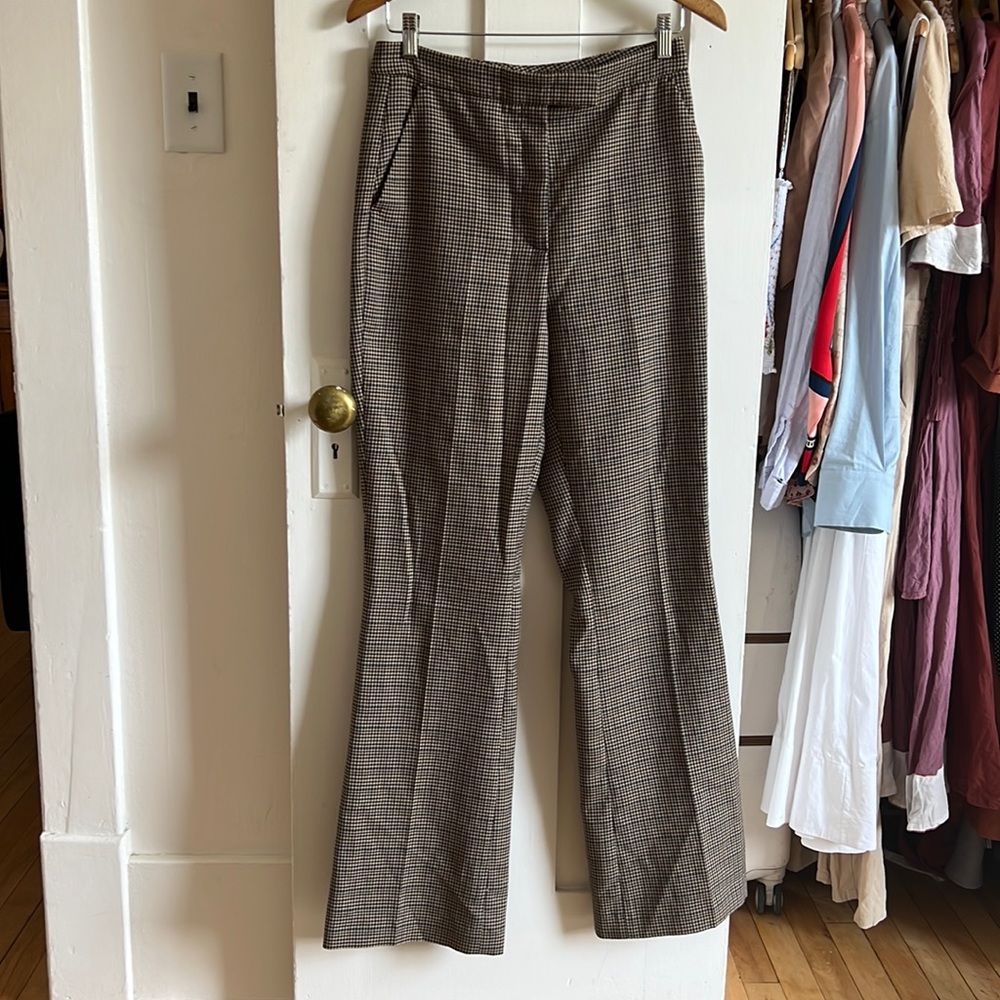 brown & tan herringbone flared trousers for a vintage 70s vibe, lightly worn